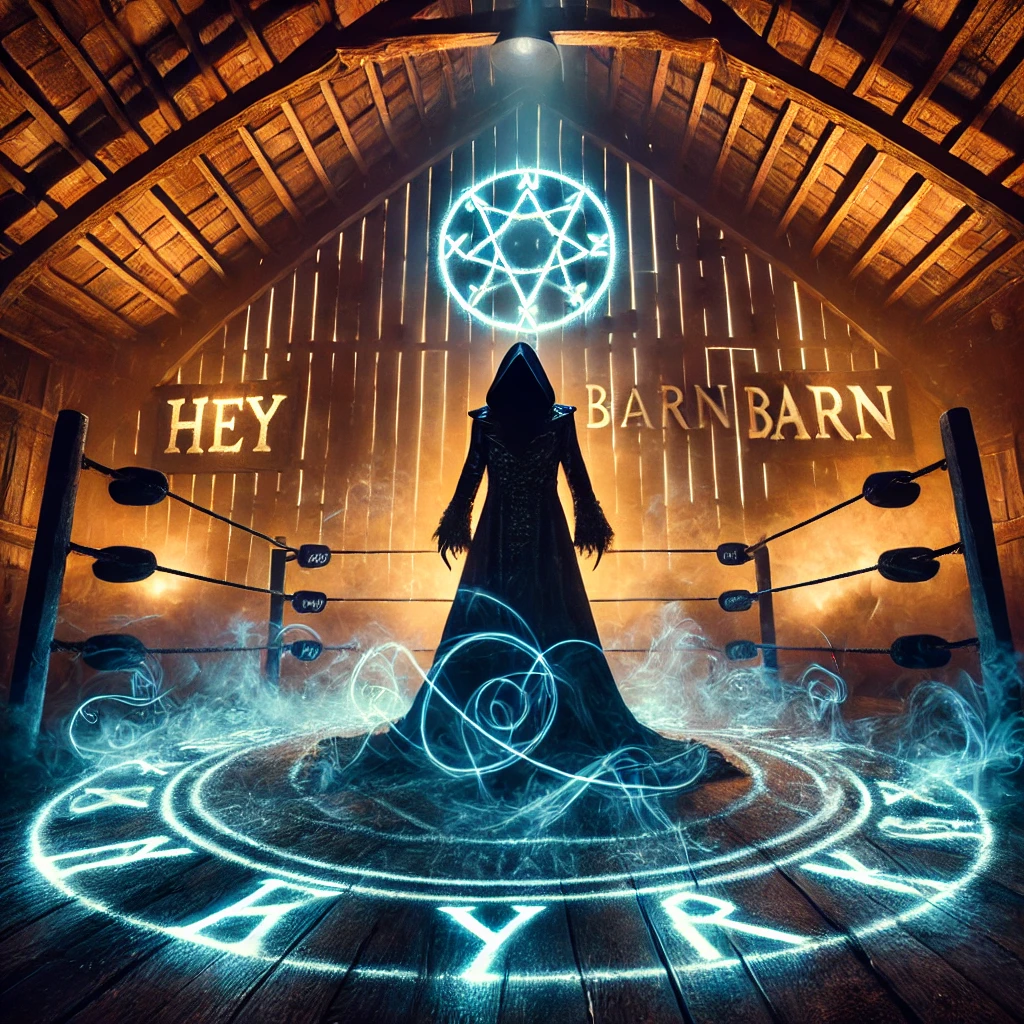 DALL·E 2024-12-15 23.05.43 - A dramatic and mysterious image of the enigmatic Timekeeper character in the Hey Barn wrestling venue. The Timekeeper is a shadowy figure cloaked in d