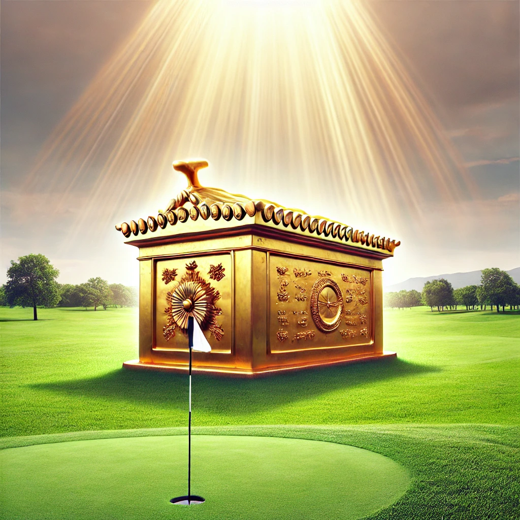 DALL·E 2024-12-28 20.36.45 - A golden Ark of the Covenant glowing brightly, placed on a pristine golf course under a sunny sky. The scene is serene yet surreal, with lush green gr