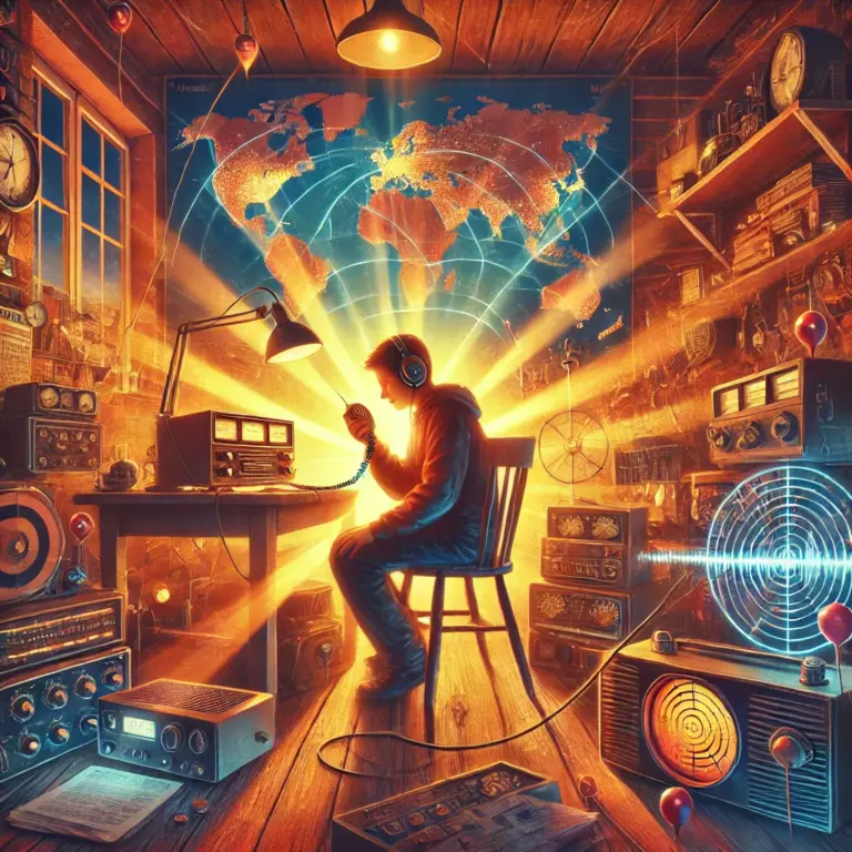 DALL·E 2025-01-05 14.29.25 - A vibrant and imaginative depiction of the world of ham radio_ A hobbyist in a cozy workshop surrounded by vintage radios, antennas, and technical man