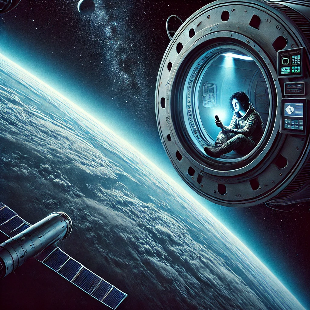 DALL·E 2025-01-05 14.34.34 - A striking and emotional illustration of a high-altitude capsule floating at the edge of Earth's atmosphere. Inside, a lone social media influencer, d
