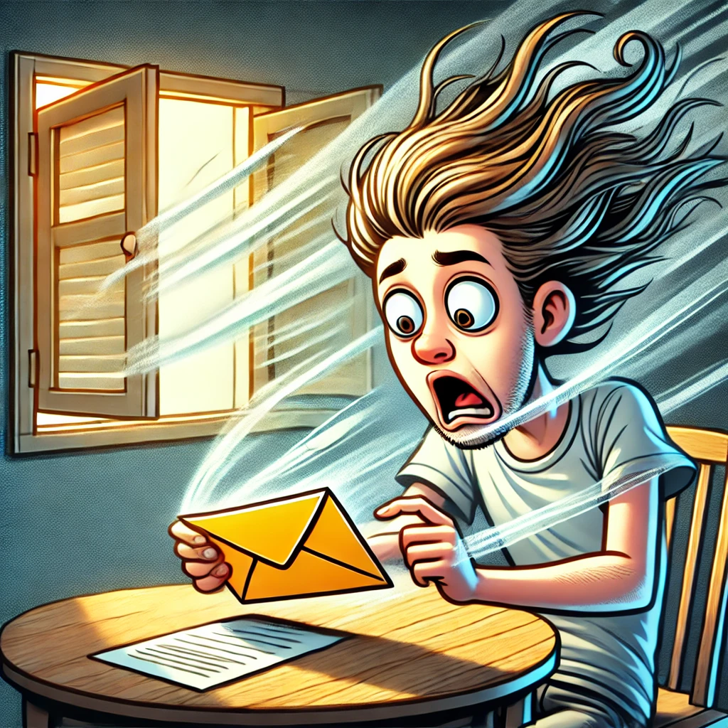 DALL·E 2024-12-31 21.43.36 - A humorous cartoon illustration of a person opening a letter and being comically scared stiff, with their hair blowing back dramatically, eyes bugged