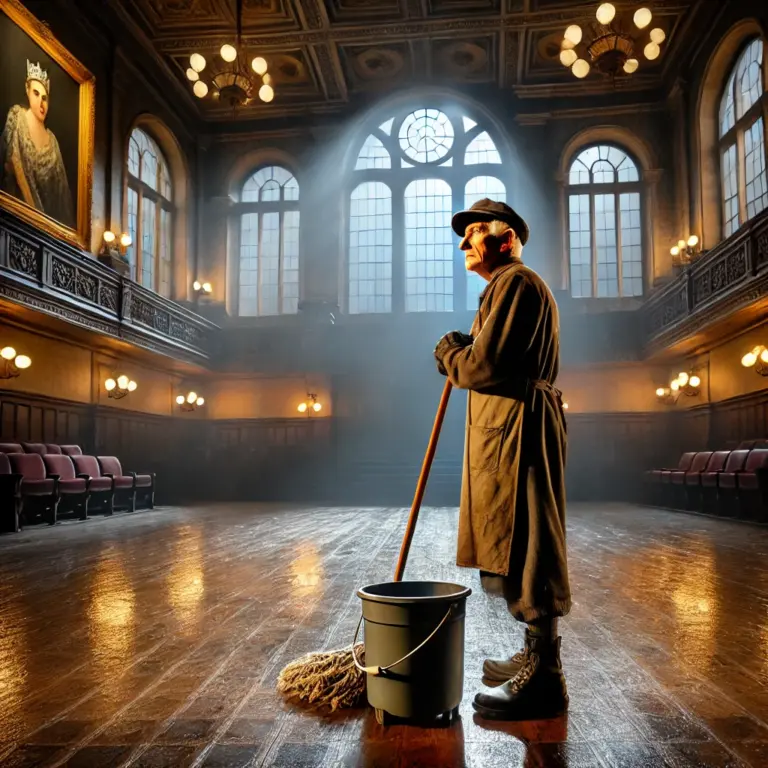 DALL·E 2025-01-06 08.26.29 - A stage setting depicting an old janitor in a grand, dimly lit English hall. The janitor is in a worn uniform, holding a mop and bucket, gazing proudl