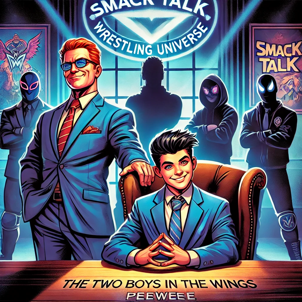 DALL·E 2025-01-06 23.03.31 - A dynamic wrestling-themed illustration featuring the Smack Talk Wrestling Universe boardroom, with The Commish standing confidently at the head of th