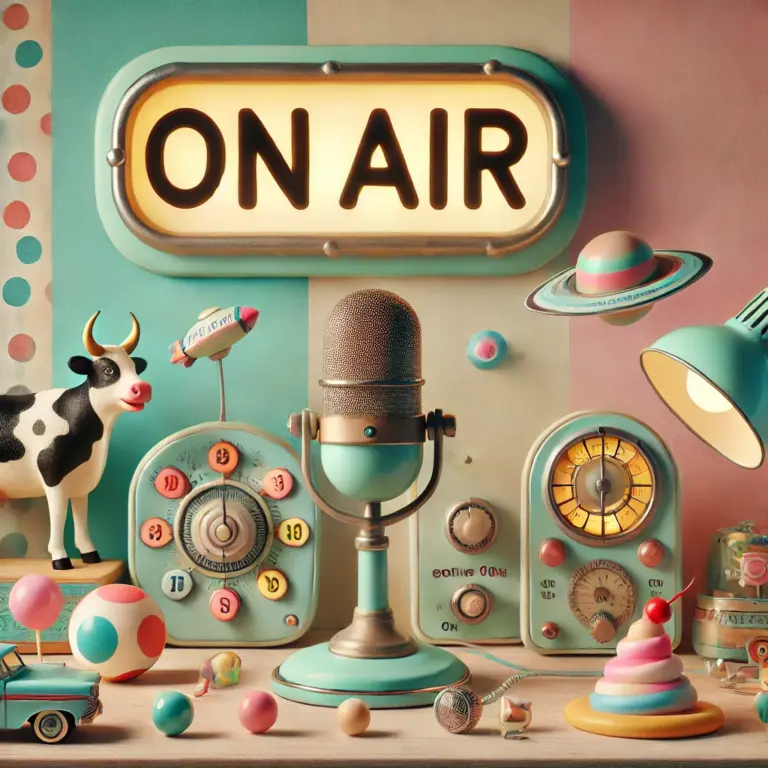 DALL·E 2025-01-12 12.53.29 - A retro 1950s-inspired scene featuring a whimsical radio broadcasting studio. The image includes a vintage microphone on a wooden desk with colorful d