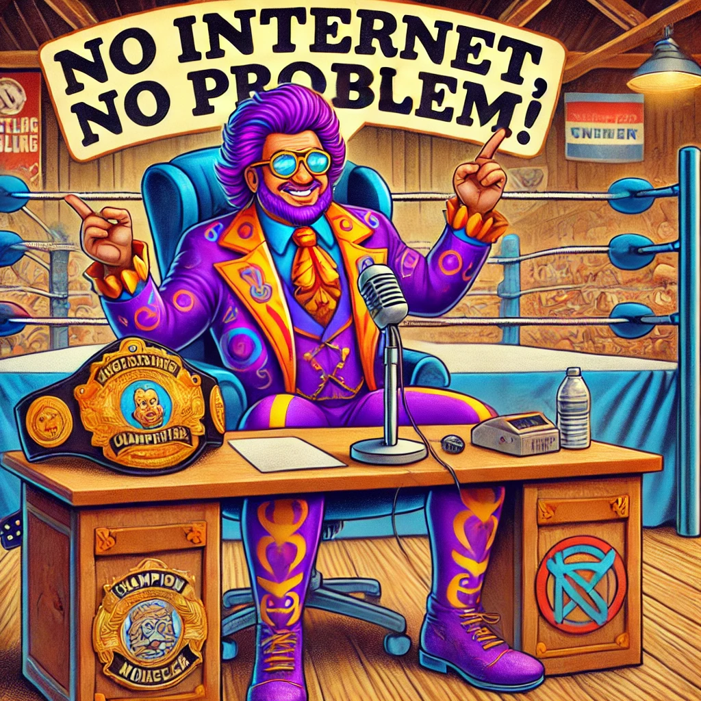 DALL·E 2025-01-14 00.47.52 - A vibrant, fun illustration of a quirky wrestling commissioner in a flamboyant suit (think bright purple with gold accents) sitting at a desk covered