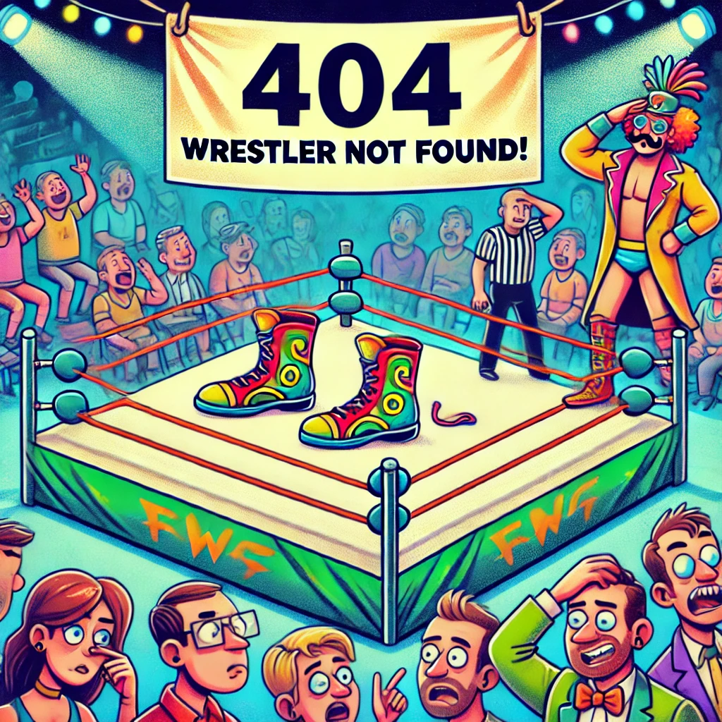 DALL·E 2025-01-14 00.50.10 - A colorful and playful cartoon-style illustration of a wrestling ring with a missing wrestler. The ring is empty except for a pair of boots left in th