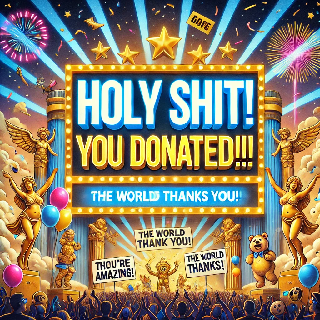 DALL·E 2025-01-14 02.50.32 - A humorous and over-the-top webpage featured image for a donation thank-you page. The design features a neon sign that says 'HOLY SHIT! YOU DONATED!!!