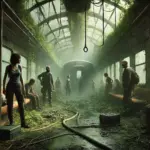 DALL·E 2025-03-20 21.26.36 - A dramatic post-apocalyptic scene inside an overgrown greenhouse train car filled with creeping jungle vegetation. The air is thick with humidity and