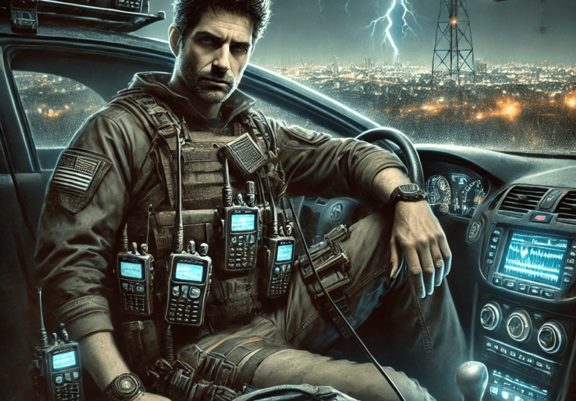 DALL·E 2025-03-20 23.39.39 - A gritty, cinematic illustration of a modern urban fantasy character named Max Gains. He is a rogue radio operator, mid-40s, rugged with short dark ha