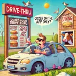 DALL·E 2025-03-24 06.36.24 - A humorous spring scene in Wisconsin. A man in a car with the window down, wearing sunglasses and sipping coffee, looks confused at a fast food drive-
